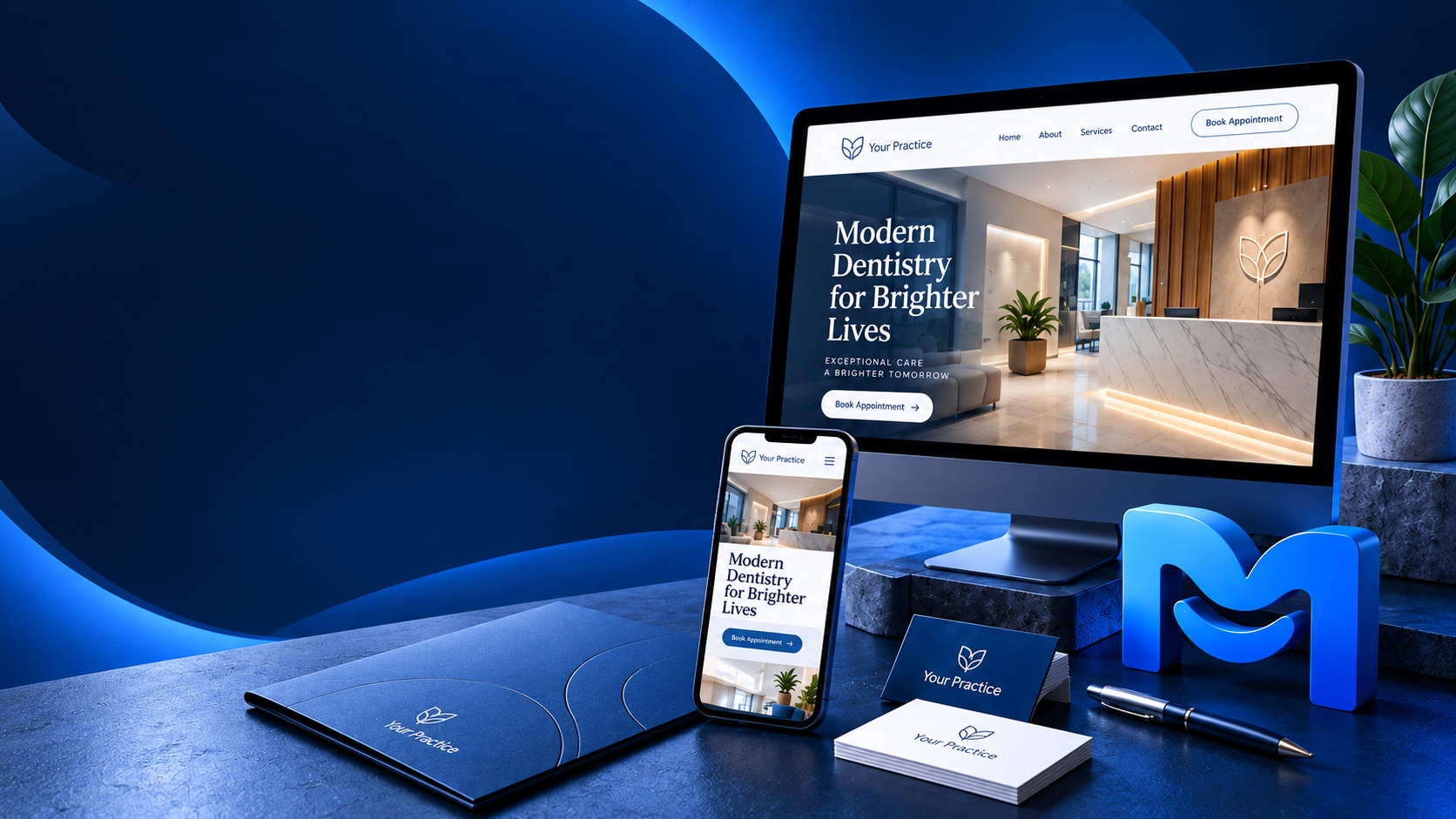 Custom dental website and branding concept shown on desktop and mobile